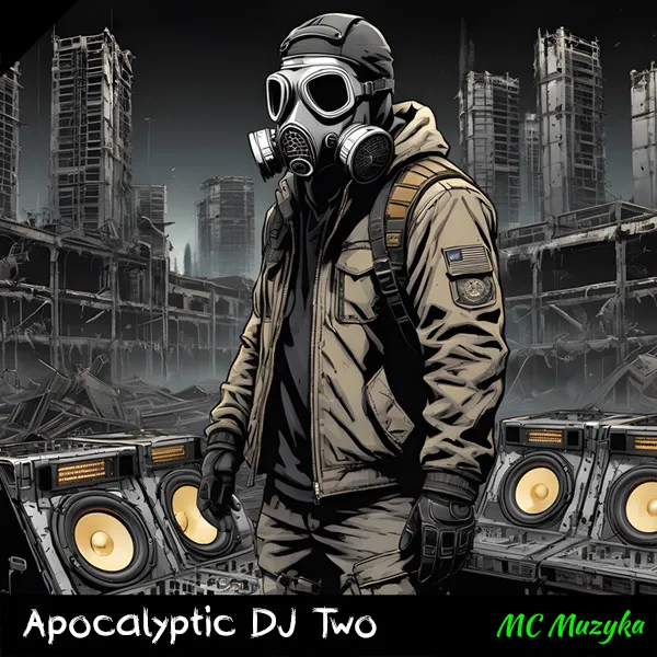 The cover for 'Apocalyptic DJ two' depicts a desolate landscape where a DJ is standing wearing a gas mask.
