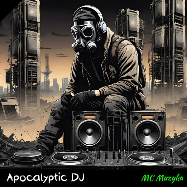 The cover for 'Apocalyptic DJ' depicts a desolate landscape where a DJ sits wearing a gas mask.