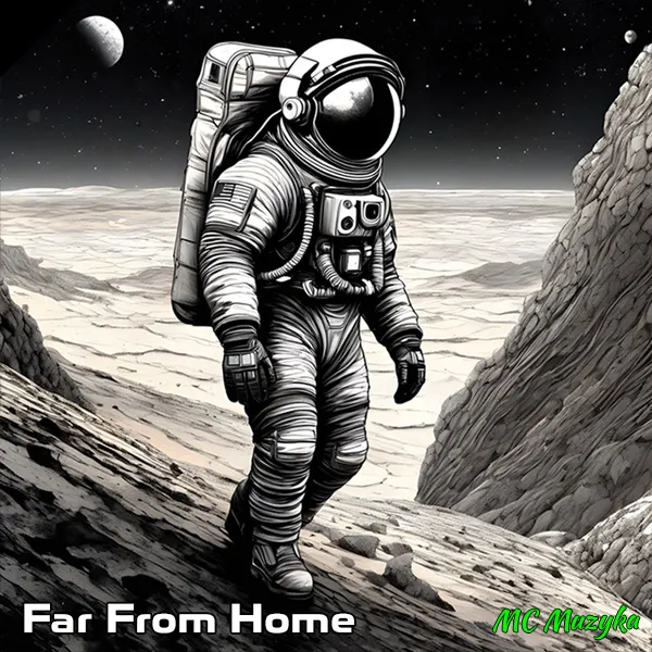 The 'Far From Home' album cover depicts a man in a spacesuit walking on an alien planet.